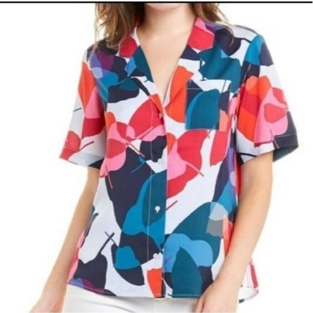 NWT Ecru Kelly Bold Abstract Floral Print Short Sleeve Button-Up Shirt